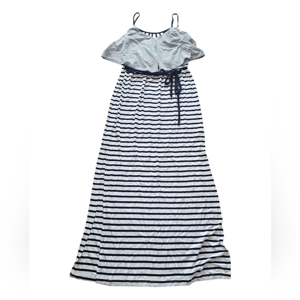 Brigitte Bailey Black & White Striped Sleeveless Maxi Dress with Ruffle Top M